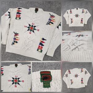 VTG Boston Traders Womens 1X XL Hand Knit Compass Flag Crewneck Pullover Sweater